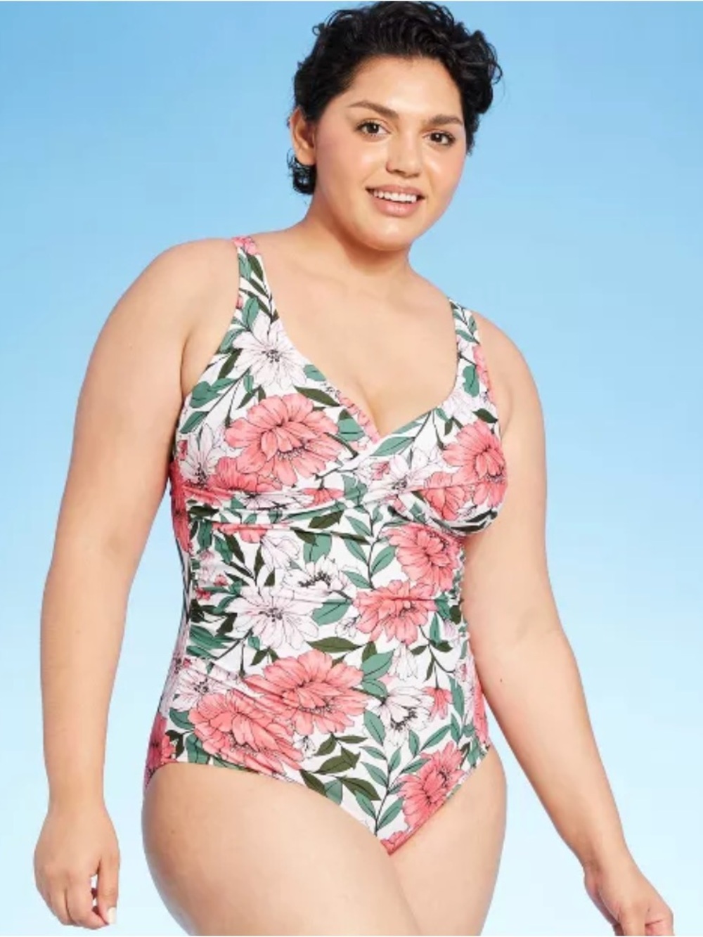 Kona Sol Floral One Piece Swimsuit Twist Front Cutout L